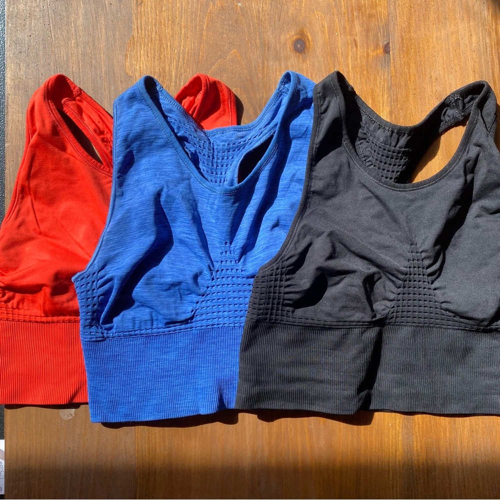 Sweaty Betty Sports Bras in Red, Blue, and Black